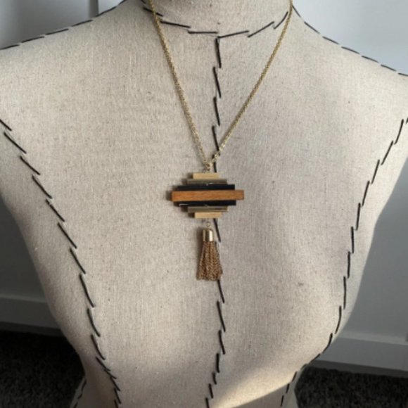 Stacked Wood, Black, and Gold Necklace- NEW Handmade Necklace - Picture 3 of 4